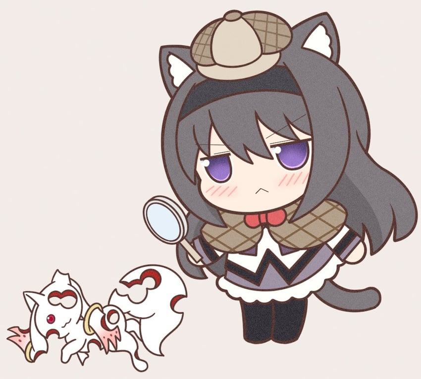 akemi homura, kyubey, and sherlock holmes (mahou shoujo madoka magica) drawn by yuno385