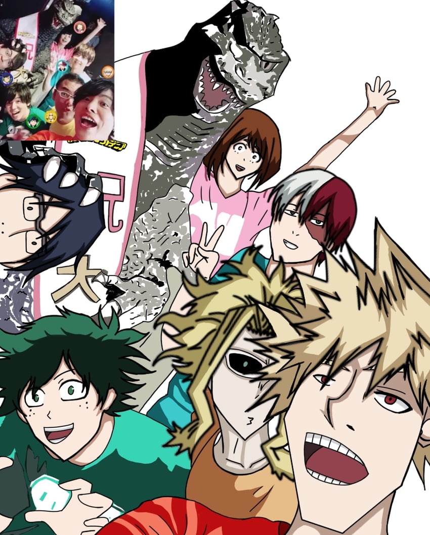 midoriya izuku, bakugou katsuki, uraraka ochaco, todoroki shoto, godzilla, and 2 more (boku no hero academia and 1 more)