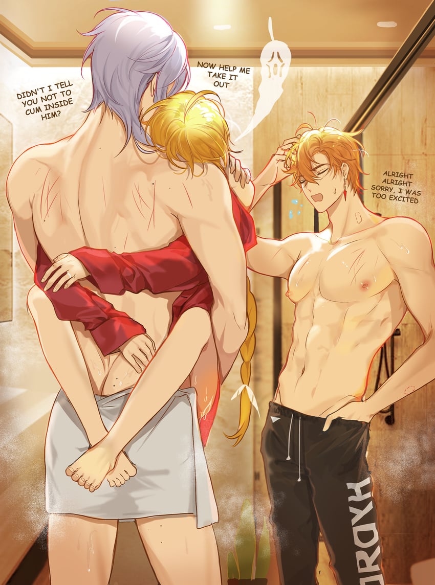 aether, tartaglia, and kamisato ayato (genshin impact) drawn by pnk_crow