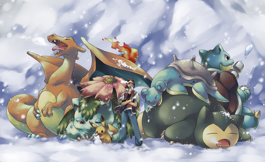 pikachu, red, charizard, snorlax, lapras, and 2 more (pokemon and 2 more) drawn by ibui_matsumoto