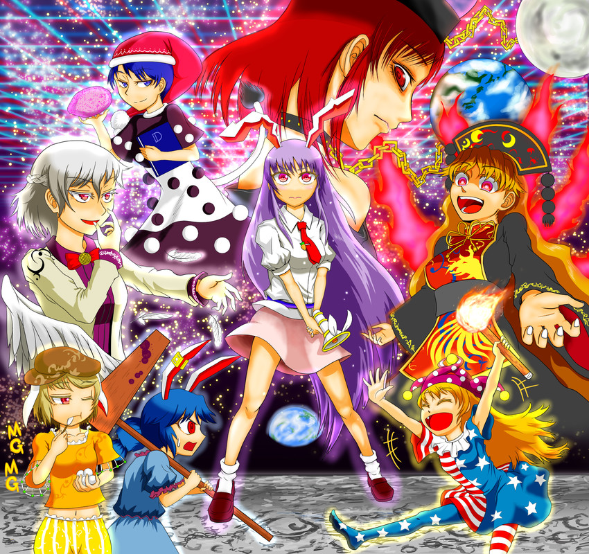reisen udongein inaba, clownpiece, junko, hecatia lapislazuli, kishin sagume, and 3 more (touhou and 1 more) drawn by kaneshiro