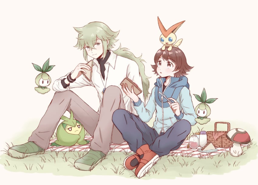 hilbert, n, victini, petilil, swadloon, and 1 more (pokemon and 1 more) drawn by shippo_(sbnk4po)