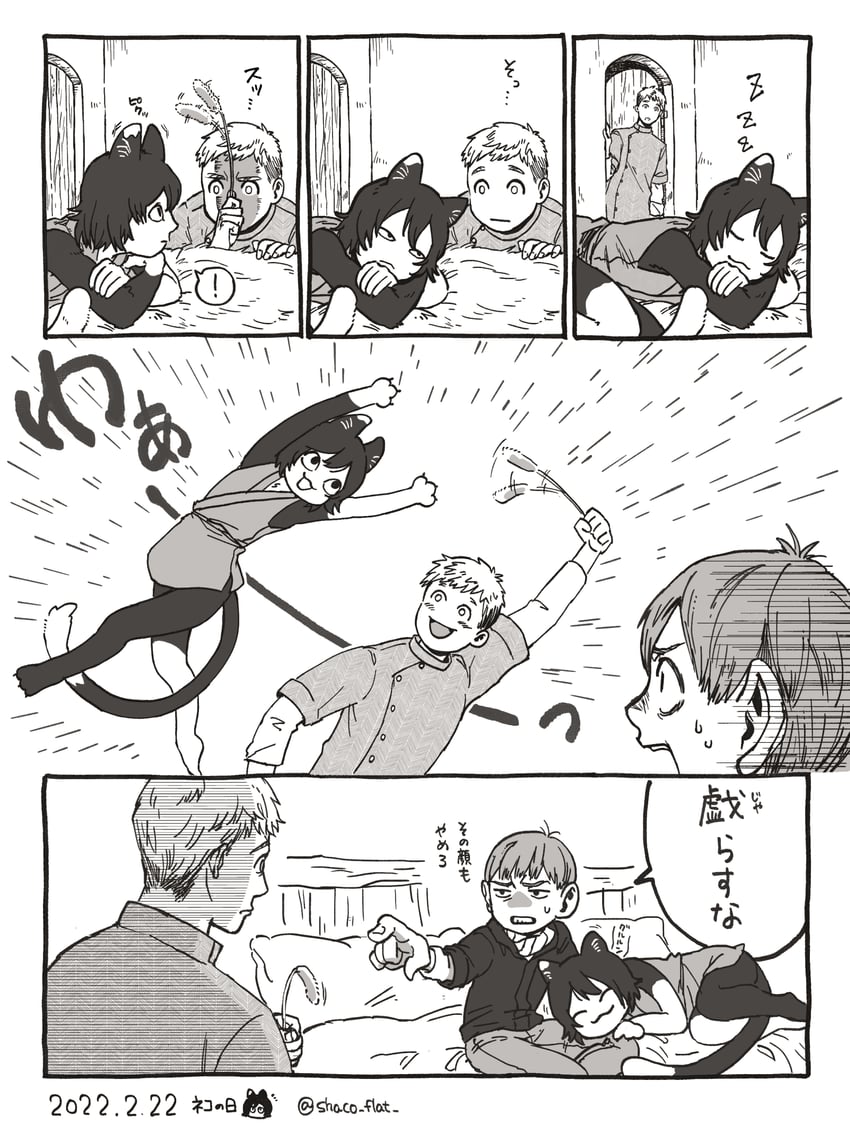 laios touden, chilchuck tims, and izutsumi (dungeon meshi) drawn by shako_(shaco_flat)