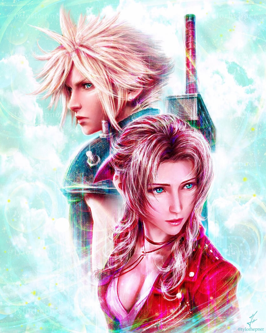 cloud strife and aerith gainsborough (final fantasy and 2 more) drawn by tylor_hepner