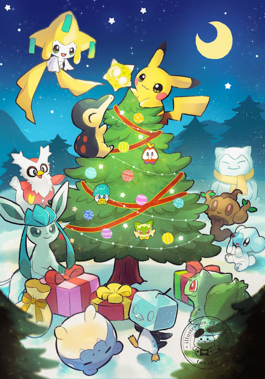 pikachu, glaceon, bulbasaur, sprigatito, cyndaquil, and 10 more (pokemon) drawn by toneko