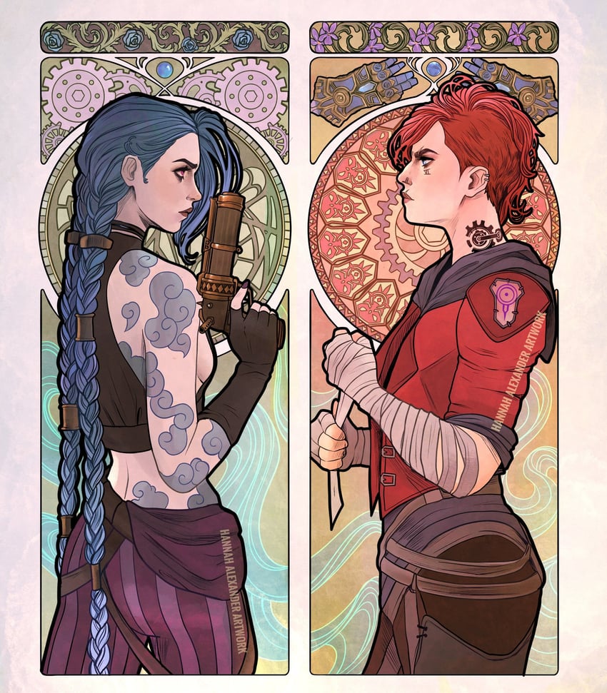 jinx, vi, arcane jinx, and arcane vi (league of legends and 1 more) drawn by hannahartwork