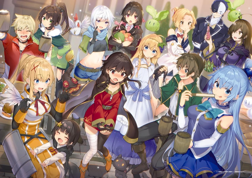 megumin, aqua, darkness, satou kazuma, yunyun, and 11 more (kono subarashii sekai ni shukufuku wo!) drawn by mishima_kurone