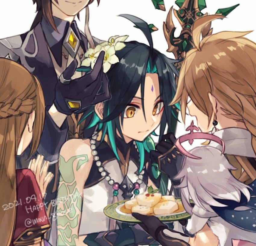 aether, zhongli, paimon, xiao, and verr goldet (genshin impact) drawn by maka_(morphine)
