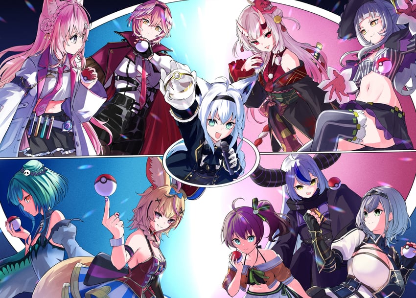 shirakami fubuki, shirogane noel, la+ darknesss, murasaki shion, nakiri ayame, and 5 more (pokemon and 1 more) drawn by yuu201023