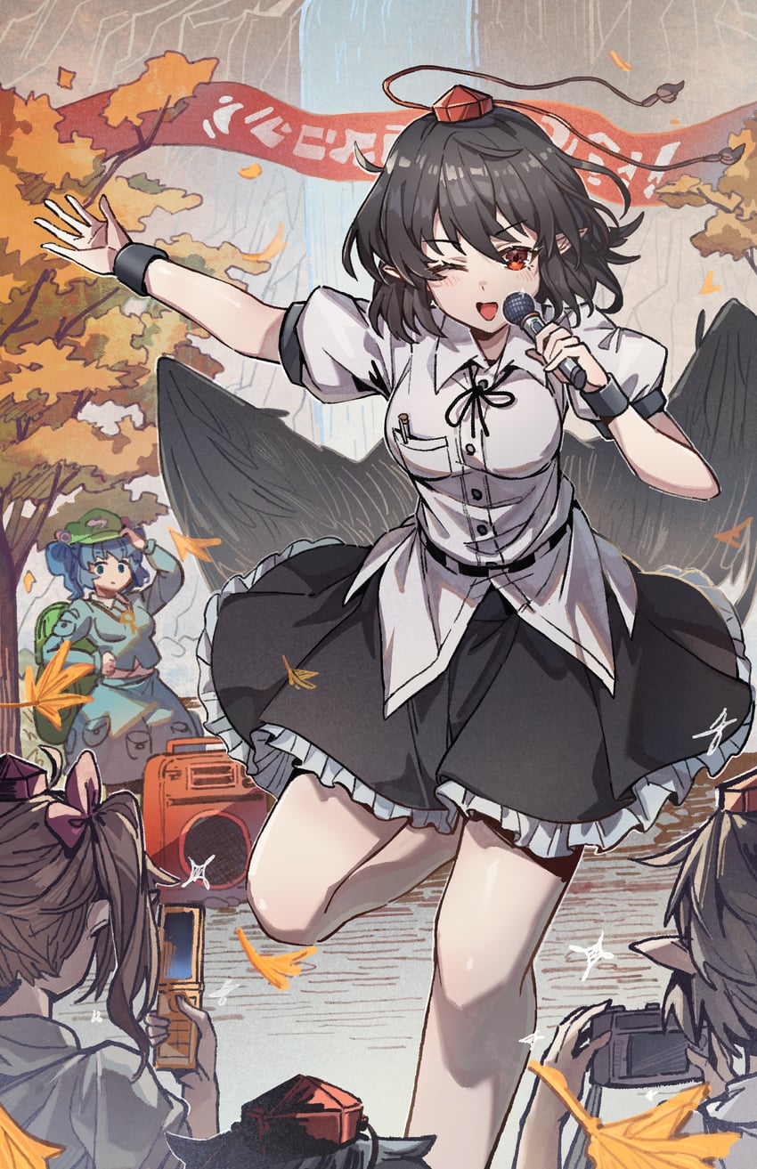 shameimaru aya, kawashiro nitori, and himekaidou hatate (touhou) drawn by shishui_guima