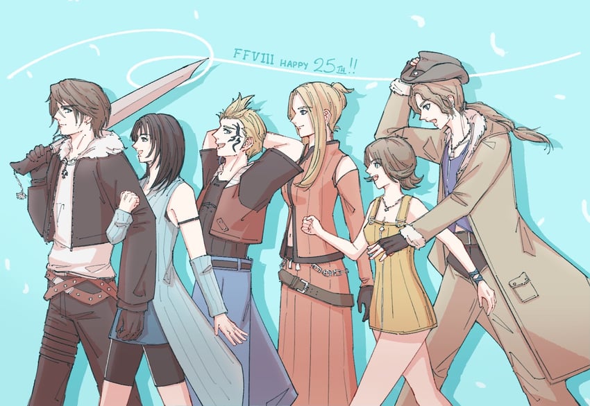 squall leonhart, rinoa heartilly, selphie tilmitt, quistis trepe, zell dincht, and 1 more (final fantasy and 1 more) drawn by megatonberry136