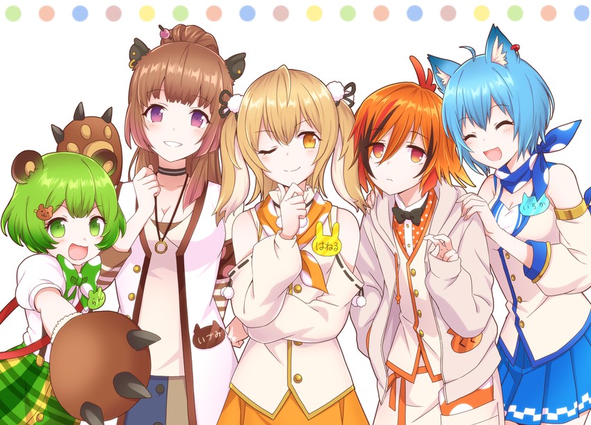 souya ichika, kazami kuku, hinokuma ran, yunohara izumi, and inaba haneru (nanashi inc. and 1 more) drawn by kamekoya_sato