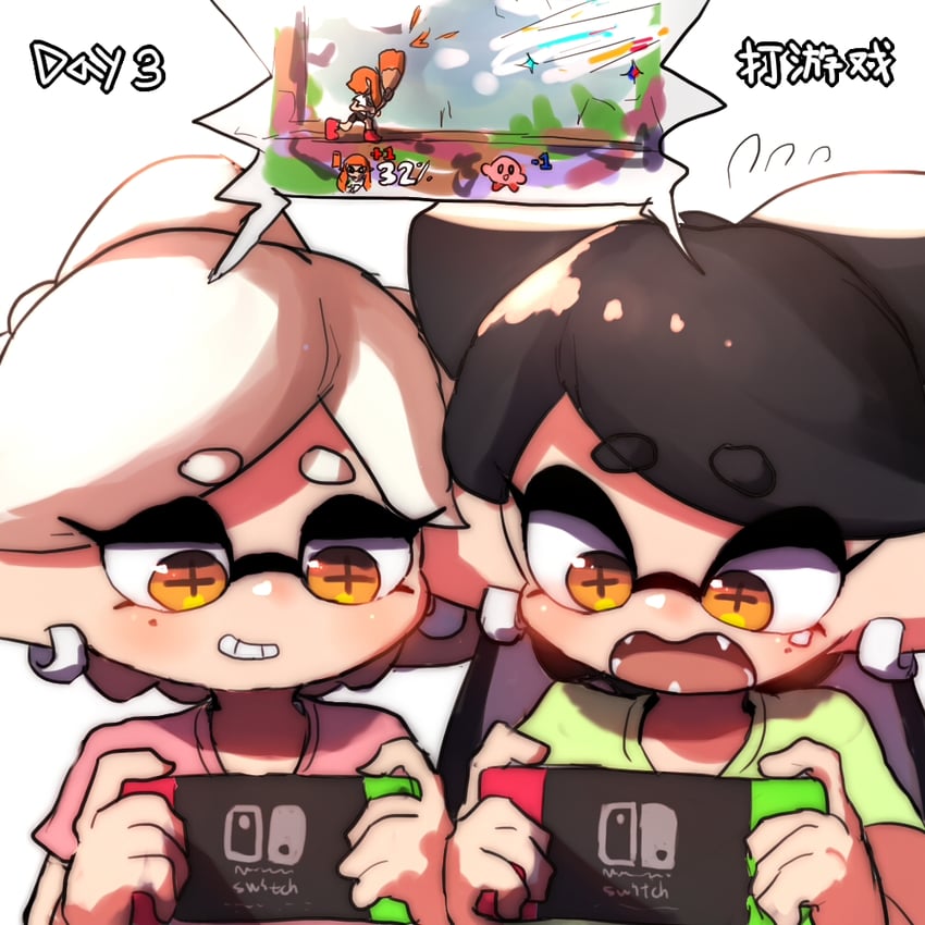 inkling player character, inkling girl, kirby, callie, and marie (splatoon and 2 more) drawn by wuju59