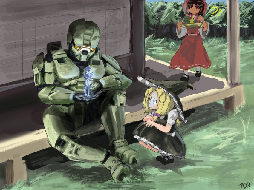 hakurei reimu, kirisame marisa, master chief, and cortana (touhou and 1 more) drawn by 103anon