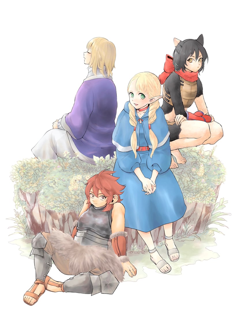 marcille donato, falin touden, izutsumi, and namari (dungeon meshi) drawn by imasaranochiyo