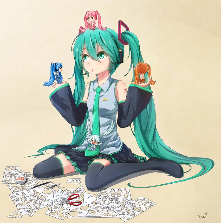 hatsune miku, yuki miku, sakura miku, and aki miku (vocaloid) drawn by twt