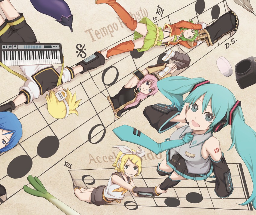 hatsune miku, kagamine rin, kagamine len, megurine luka, kaito, and 1 more (vocaloid) drawn by yajirushi_(chanoma)