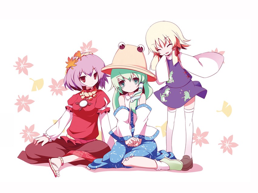 kochiya sanae, moriya suwako, yasaka kanako, and pyonta (touhou) drawn by miko_machi