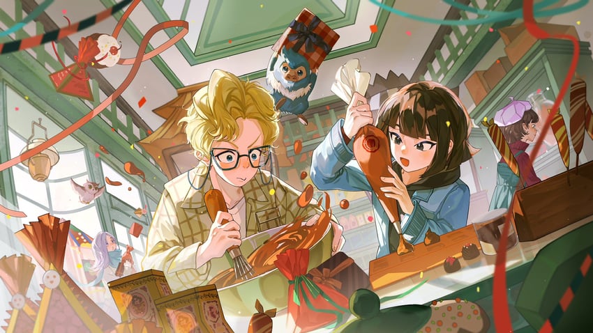 ivy warrington, lottie turner, robyn thistlethwaite, and kevin farrell (wizarding world and 2 more) drawn by juyekuno