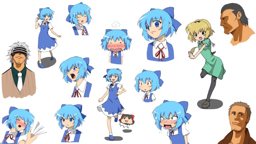 hakurei reimu, cirno, houjou satoko, and godot (touhou and 3 more) drawn by chama_(karaginan)