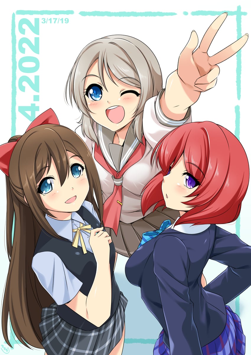 nishikino maki, watanabe you, and osaka shizuku (love live! and 3 more) drawn by bunji