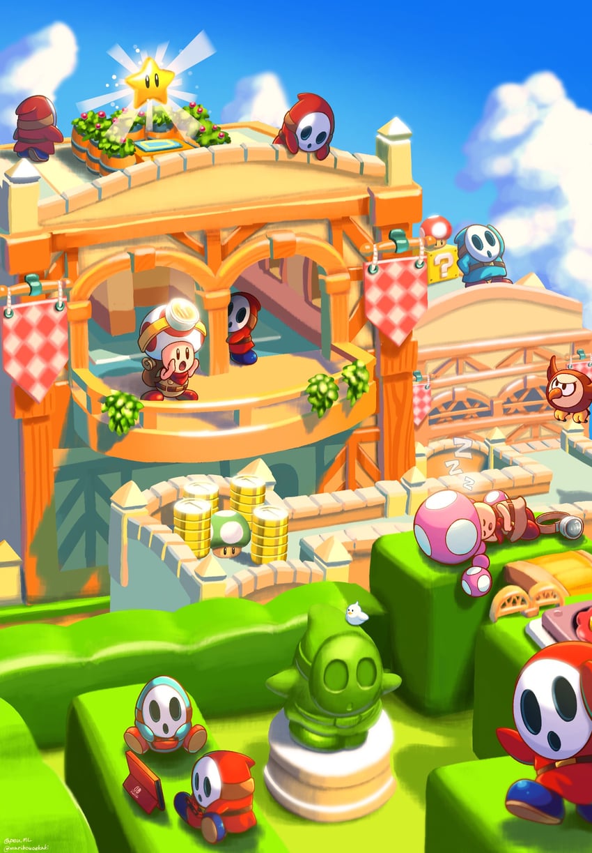 shy guy, toadette, and captain toad (mario and 1 more) drawn by maribou_(supermaribou) and peu_ml