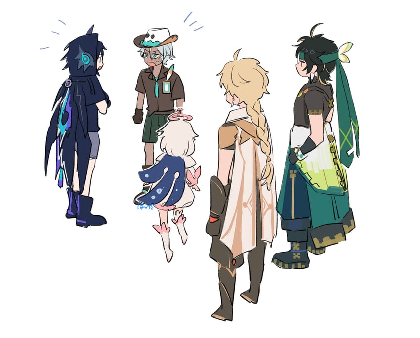 aether, paimon, kinich, ororon, and ifa (genshin impact) drawn by hoshida_(216)