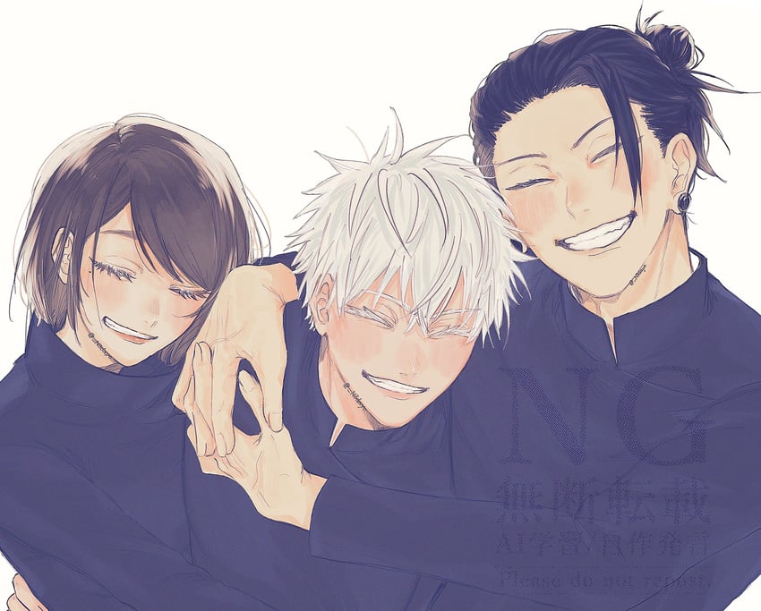 gojou satoru, getou suguru, and ieiri shoko (jujutsu kaisen) drawn by n3dayo