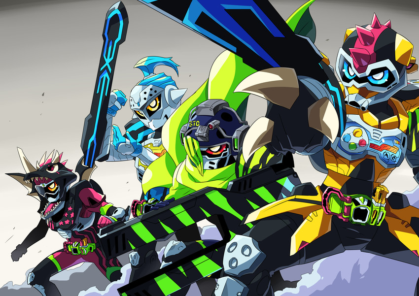 kamen rider ex-aid, kamen rider brave, kamen rider snipe, kamen rider lazer, kamen rider ex-aid hunter action gamer level 5 dragon fang, and 3 more (kamen rider and 1 more) drawn by otokamu