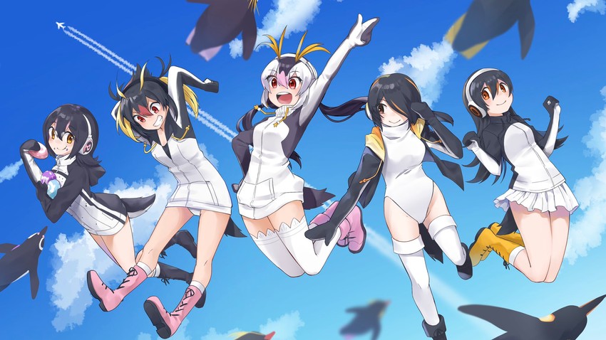 emperor penguin, humboldt penguin, royal penguin, rockhopper penguin, gentoo penguin, and 1 more (kemono friends) drawn by isobee