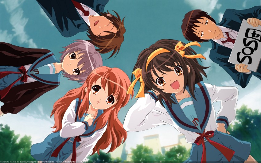 suzumiya haruhi, nagato yuki, asahina mikuru, kyon, and koizumi itsuki (suzumiya haruhi no yuuutsu)