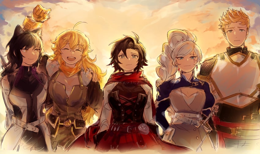 ruby rose, weiss schnee, yang xiao long, blake belladonna, and jaune arc (rwby) drawn by hiru315