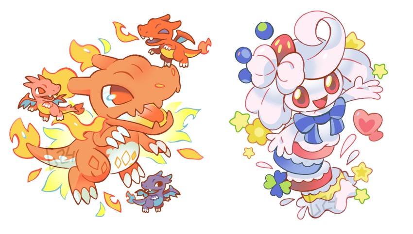 charizard, alcremie, mega charizard x, mega charizard y, gigantamax charizard, and 1 more (pokemon) drawn by pinkgermy