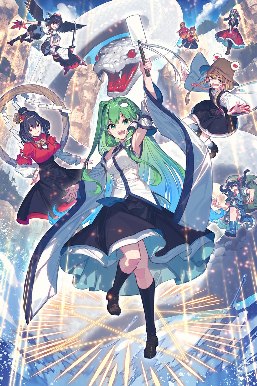 kochiya sanae, shameimaru aya, inubashiri momiji, moriya suwako, kawashiro nitori, and 5 more (touhou and 1 more) drawn by zounose