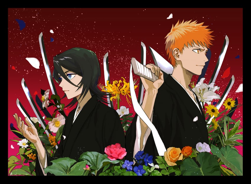 kuchiki rukia and kurosaki ichigo (bleach) drawn by jou_(jo_jjo)