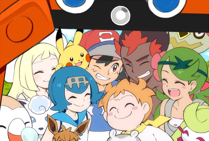pikachu, lillie, ash ketchum, eevee, rotom, and 9 more (pokemon and 1 more) drawn by cu-sith