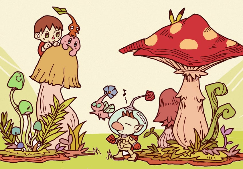 kirby, pichu, red pikmin, olimar, villager, and 1 more (pokemon and 4 more) drawn by teijiro