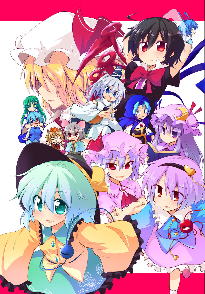 remilia scarlet, flandre scarlet, kochiya sanae, komeiji koishi, patchouli knowledge, and 7 more (touhou) drawn by chipa_(arutana)