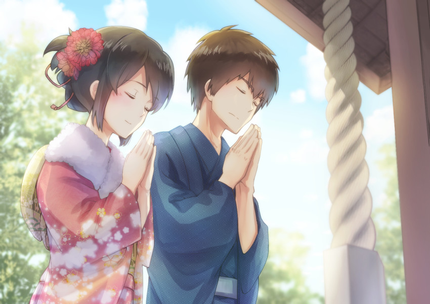 miyamizu mitsuha and tachibana taki (kimi no na wa.) drawn by sa_(28577218)