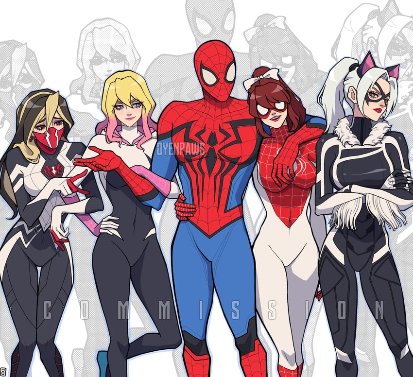 spider-man, spider-gwen, gwen stacy, black cat, felicia hardy, and 4 more (marvel and 3 more) drawn by oyenpaws