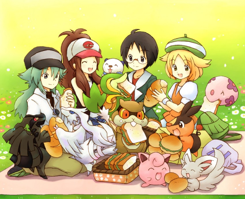 hilda, n, oshawott, jigglypuff, snivy, and 8 more (pokemon and 1 more) drawn by eijima_moko