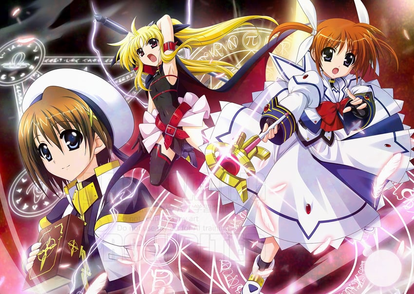 fate testarossa, takamachi nanoha, yagami hayate, raising heart, bardiche, and 1 more (lyrical nanoha and 2 more) drawn by higa_yukari