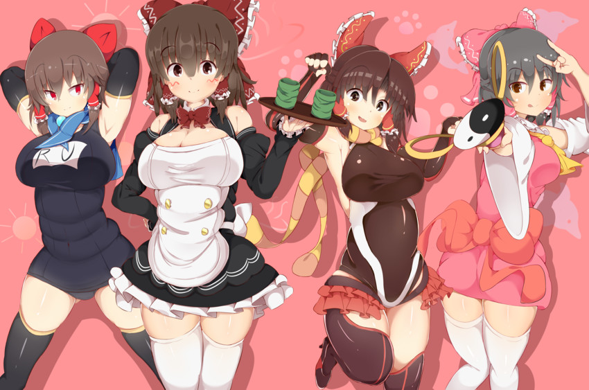 hakurei reimu, benikurage, mizuki yukikaze, kanna, reu, and 1 more (touhou and 3 more) drawn by akabeco