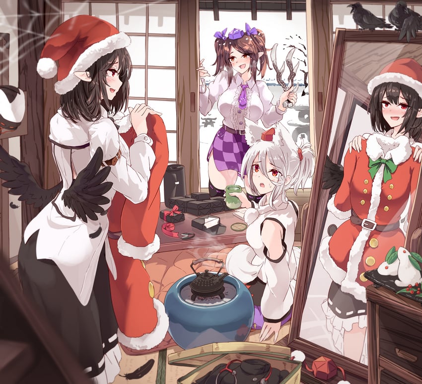 shameimaru aya, inubashiri momiji, and himekaidou hatate (touhou) drawn by kagami_toufu