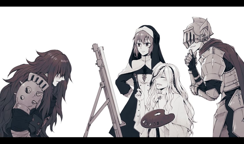 ulv the mad knight, knight captain julius, guardian silva, and fretia (ender lilies quietus of the knights) drawn by sorakaze_(mire)