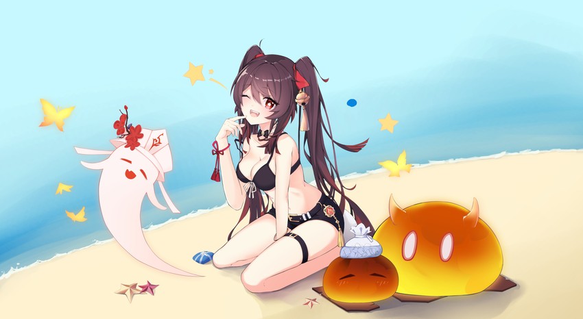 hu tao, boo tao, slime, and pyro slime (genshin impact) drawn by ittentoppa