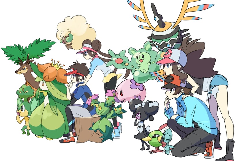 rosa, hilda, hilbert, nate, whimsicott, and 10 more (pokemon and 2 more) drawn by asamaru1225