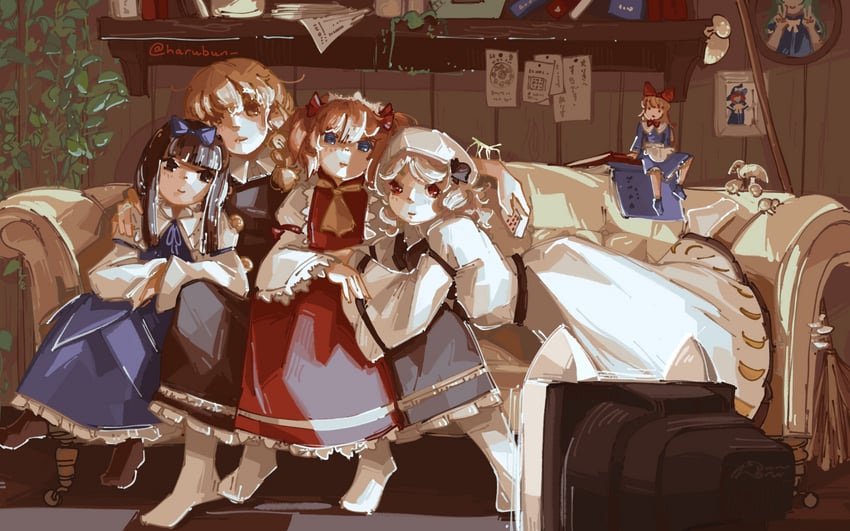 kirisame marisa, shanghai doll, star sapphire, luna child, sunny milk, and 1 more (touhou and 1 more) drawn by haru_bun