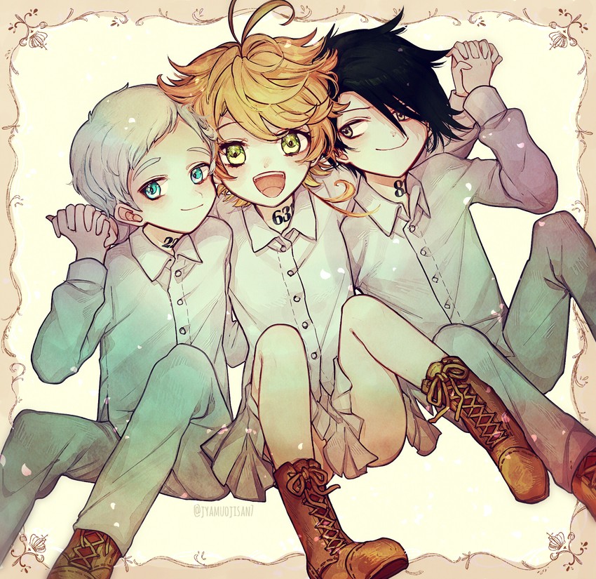 emma, norman, and ray (yakusoku no neverland) drawn by yokosuka_(jyamuojisan7)
