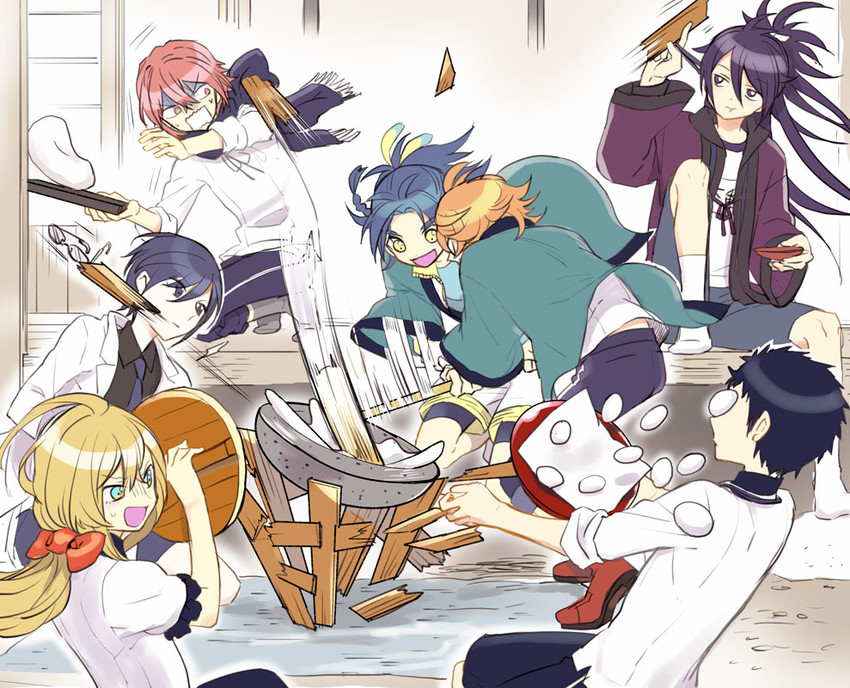 midare toushirou, yagen toushirou, atsushi toushirou, taikogane sadamune, gotou toushirou, and 2 more (touken ranbu) drawn by kuronomine
